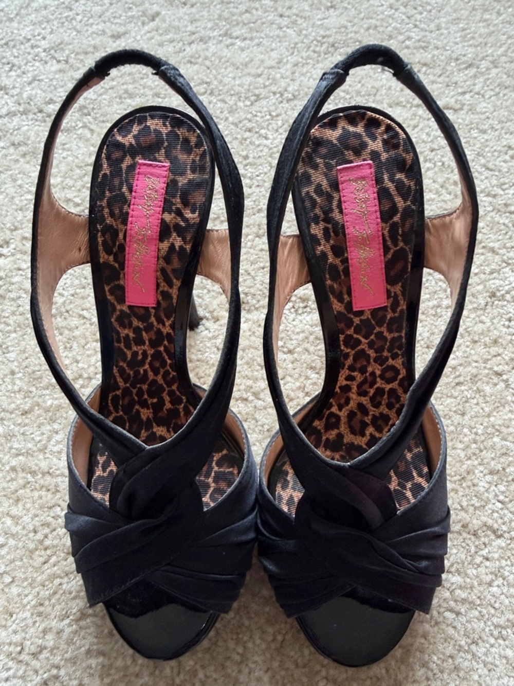 Betsey Johnson Black Slingback Heels with Leopard Insole and Pink Label